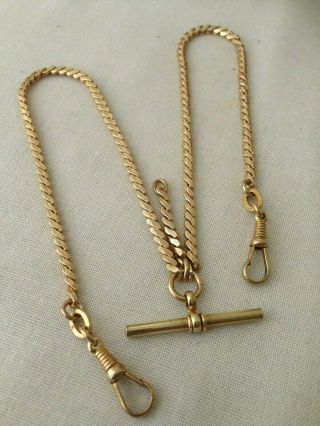 Vintage Yellow Metal Double Albert Chain With T - Bar & Dog Clip - Gilt Metal
