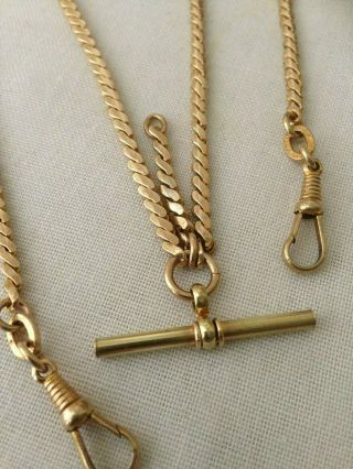 Vintage Yellow Metal Double Albert Chain with T - Bar & Dog Clip - Gilt Metal 2