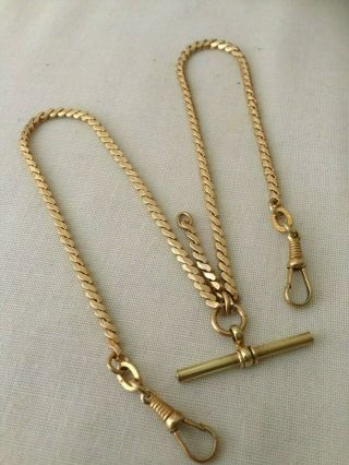 Vintage Yellow Metal Double Albert Chain with T - Bar & Dog Clip - Gilt Metal 4