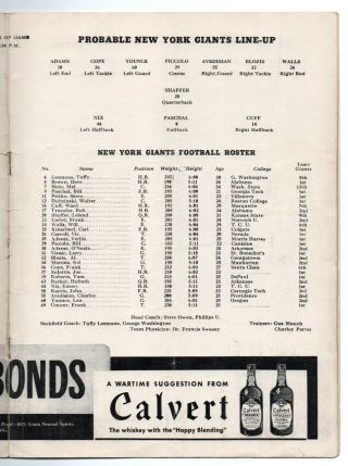 Chicago Bears vs York Giants Vintage 1943 NFL Program (Polo Grounds) 4
