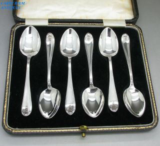 Art Deco Stylish Cased Set 6 Solid Sterling Silver Coffee Spoons 95g Birm 1932