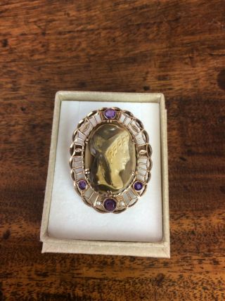 Antique 9ct Gold Cameo Brooch With Amethyst Stones Seed Pearls