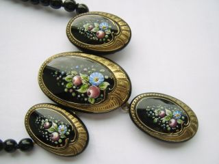 Rare Victorian Antique Necklace With Hand Painted Enamel Panels French Jet Beads