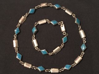 Vintage Signed Mexican Sterling Silver & Blue Stone Necklace & Bracelet Set