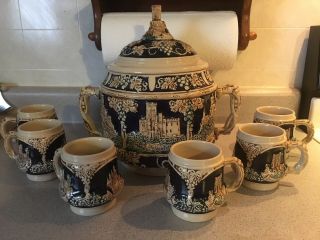 Vintage Handarbeit W.  Germany Ceramic Punch Bowl Set With 6 Matching Cups Esta