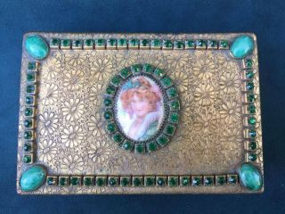 Vintage Brass Ornate Filigree Jewelry Box With Portrait