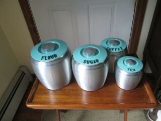 Vintage Kromex Spun Aluminum Canister Set Aqua Turquoise Lids Set Of 4