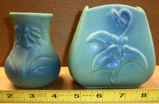 2 Vintage Van Briggle Blue Art Pottery Vases Floral Flower Patterns Designs