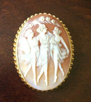 Three Graces Cameo Necklace Pendant Brooch Pin 10k Yellow Gold