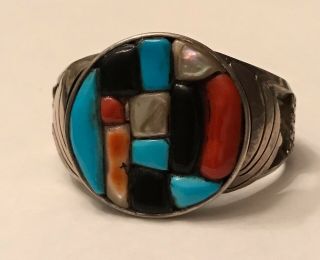 Vintage Southwestern Sterling Silver Turquoise Coral Shell Cuff Bracelet