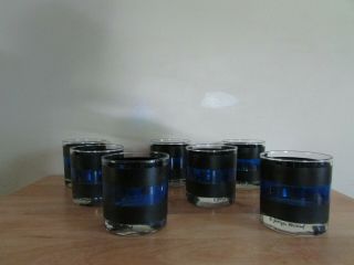 Set Of 7 Vintage Georges Briard Black Blue Striped Old Fashioned Glasses Lowball