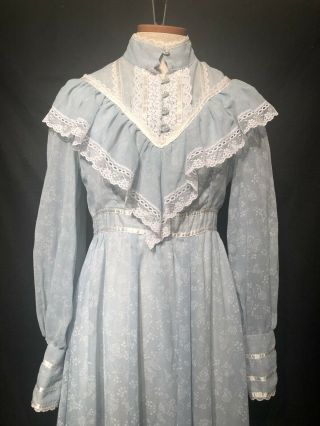 Vintage 70s Gunne Sax Praire Dress Blue With White Lace & Ribbon Trim Edwardian