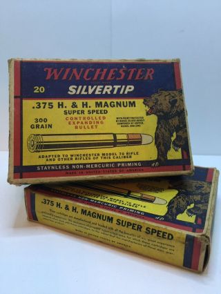 Empty Ammo Boxes - 2 Vintage Winchester Silvertip.  375 H.  & H.  Magnum “bear Box”