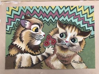 Very Rare 1920s Louis Wain Watercolour Painting Of Cats Signed Louis Wain