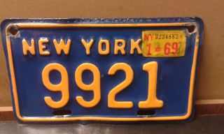 Vintage York Motorcycle 1969 License Plate,  Blue/orange With 1969 Sticker