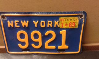 VINTAGE YORK MOTORCYCLE 1969 LICENSE PLATE,  BLUE/ORANGE WITH 1969 STICKER 4