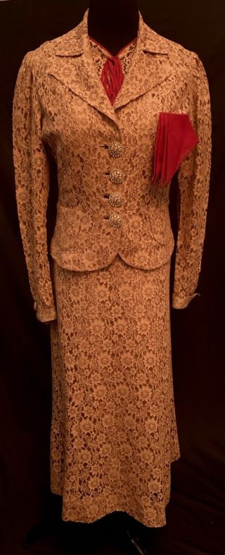 Vtg 1930 ' s Light Brown Lace Dress with Matching Jacket and Taffeta Slip 2
