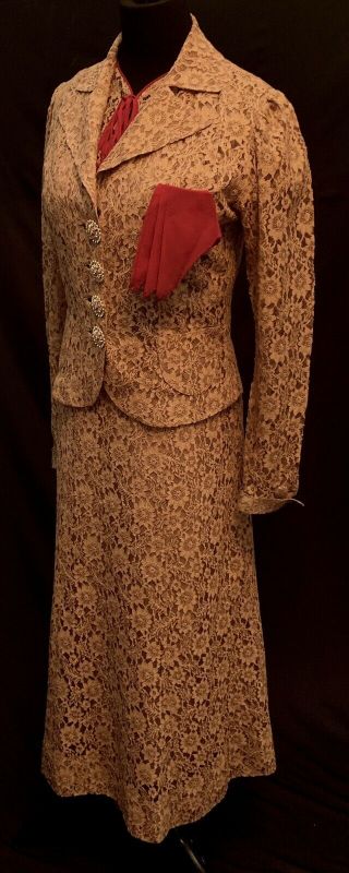 Vtg 1930 ' s Light Brown Lace Dress with Matching Jacket and Taffeta Slip 3