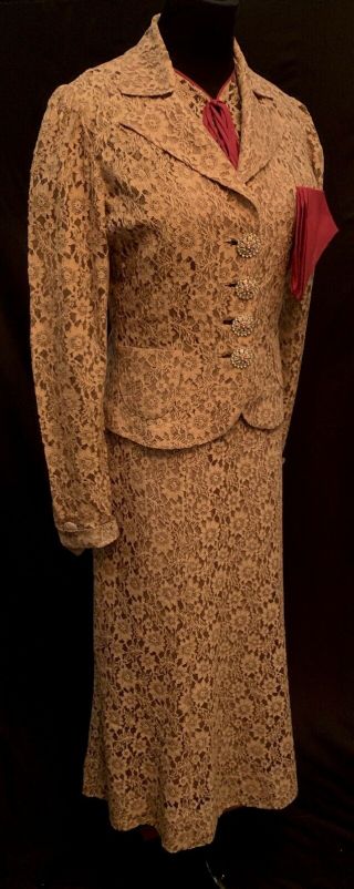 Vtg 1930 ' s Light Brown Lace Dress with Matching Jacket and Taffeta Slip 4
