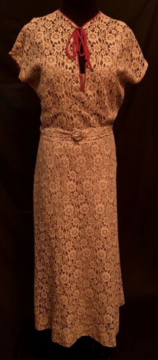 Vtg 1930 ' s Light Brown Lace Dress with Matching Jacket and Taffeta Slip 5