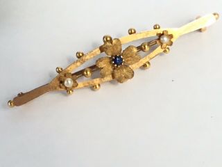 Late Victorian Or Edwardian 15ct Gold Sapphire And Pearl Brooch