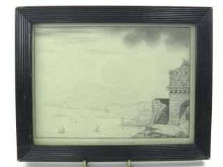 Antique 19th Century Pencil Drawing Landscape The Ruins Of Alarics Tower