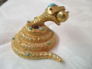 Vtg Gold Florenza Coiled Snake Pen Holder Apple Rhinestones Faux Turquoise Rare