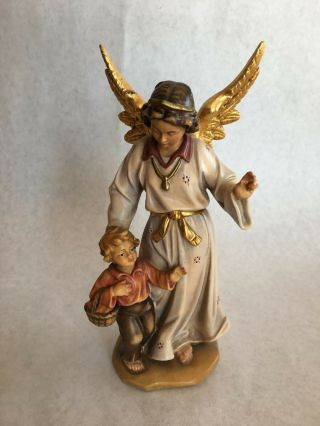 8 ",  Vintage Hand Carved & Painted Pema Italian Boys Guardian Angel Wooden Statue
