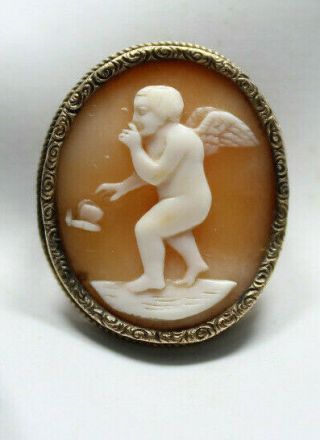 Cupid Chasing A Butterfly Art Deco Carved Shell Cameo Brooch/necklace Gilt Metal
