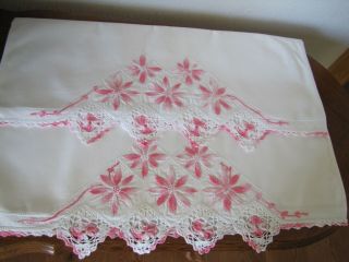 Vintage Pillowcases Embroidered & Crocheted Rows Of Asters Exquisite 2