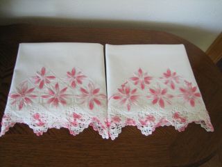 Vintage Pillowcases Embroidered & Crocheted Rows Of Asters Exquisite 3