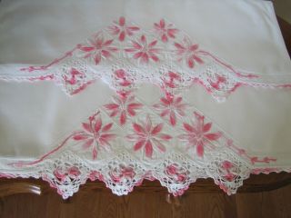 Vintage Pillowcases Embroidered & Crocheted Rows Of Asters Exquisite 4