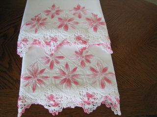 Vintage Pillowcases Embroidered & Crocheted Rows Of Asters Exquisite 5