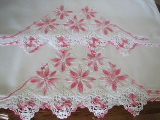 Vintage Pillowcases Embroidered & Crocheted Rows Of Asters Exquisite 6
