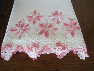 Vintage Pillowcases Embroidered & Crocheted Rows Of Asters Exquisite 7