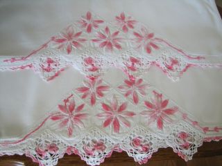 Vintage Pillowcases Embroidered & Crocheted Rows Of Asters Exquisite 8
