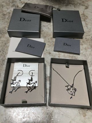 Authentic Vintage Christian Dior Heart Shape Silver Necklace,  Earrings Set