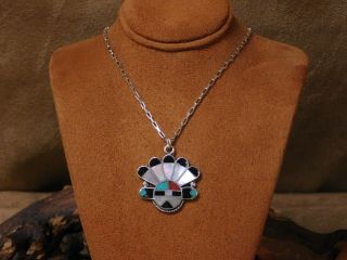 Vintage Sterling Silver And Multi Stone Sun Face Kachina Necklace