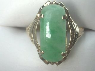 Awesome 18k Yellow Gold Natural Moss In The Snow Oblong Jade Ring Sz 8.  5.  2.  1gm