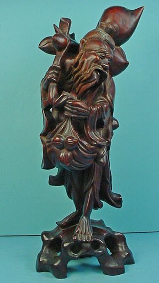Large Vintage Chinese Hand Carved Hardwood ‘man Carrying Peaches’ Sculpture
