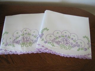 Vintage Pillowcases Embroidered & Crocheted Roses & Asters Exquisite