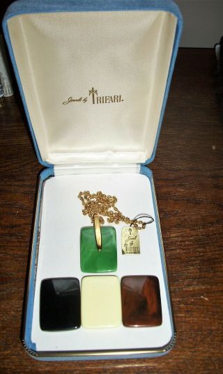Vintage Crowned Trifari Jewels Necklace 4 Square Tiles Interchangeable Orig Box