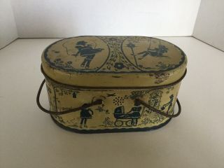 Antique Tin Litho Lunch Box Pail Vintage Bucket With Handles & Removable Tray