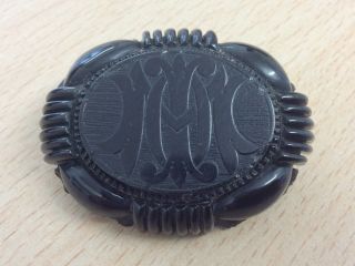 Antique Hand Carved Whitby Jet In Memory Of Mourning Brooch Pin 1880