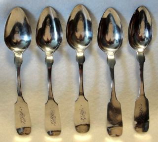 Coin Silver Seymour & Lindsley Hartford,  Ct Set Of 5 Teaspoons,  Ca.  1855