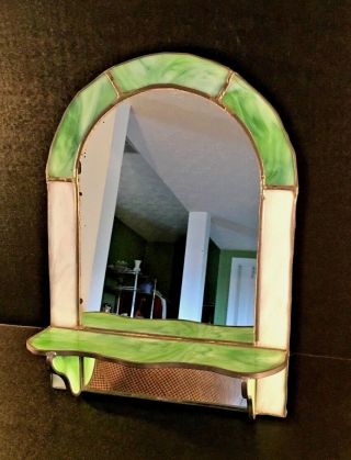 Vintage Green & White Leaded Stained Glass Mirror W/shelf