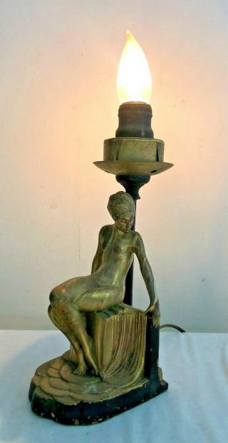 Vintage Art Deco Gold Nude Lady Risque Metal Table Lamp Light