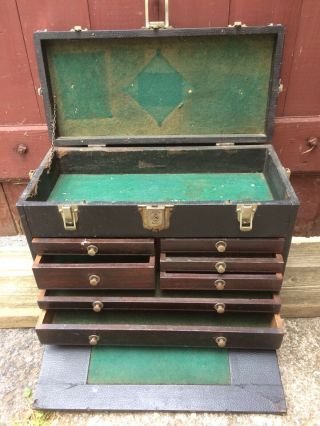 Vintage Gerstner Machinist Tool Box Chest Wood 7 Drawer w Key Leather 2