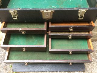 Vintage Gerstner Machinist Tool Box Chest Wood 7 Drawer w Key Leather 4