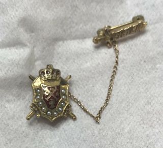 Vintage Demolay Red Gold & Seed Pearl Masonic Crest And Sword Pin De Mo Lay